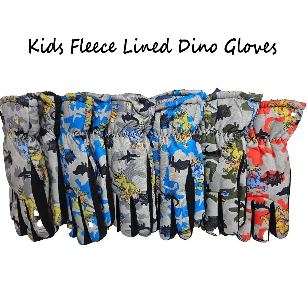 Kids Fur Lined Winter Ski Gloves With Dinosaurs, Bundle of 6 Pairs